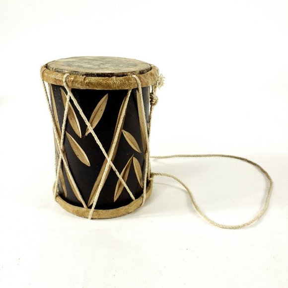 Unbranded Other - Leather Carved Wood Hand Drum Hanging Rope Decor